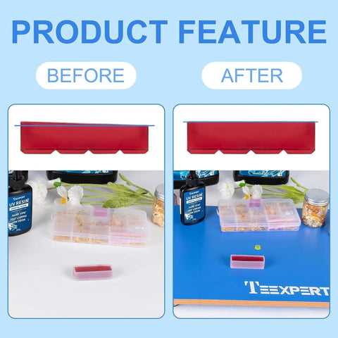 Epoxy Resin Leveling Table 16x12 Inch showing before and after surfaces with adjustable tilt and nonstick features for art crafting.