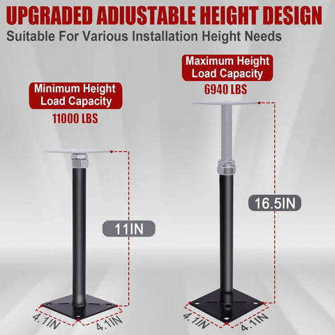 Heavy Duty House Floor Jacks Solid As A Rock Adjustable Post Supports 11 To 16 Point 5 Inch Range with height specs for crawl space stabilization.