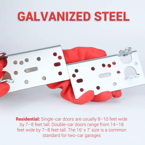Heavy Duty Garage Door Bottom Roller Bracket With 7/16 Inch Diameter Roller Stem Built Tough Durable Galvanized Steel Bottom Roller Brackets For Long-Lasting Garage Door Maintenance Pair held by gloved hand