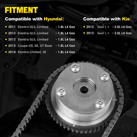 Timing Chain Kit With Intake And Exhaust VVT Sprockets for 2011-2013 Hyundai Elantra, 2012-2014 Kia Soul compatibility chart