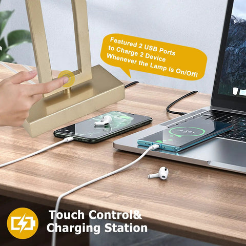 Dual USB Table Lamps Set Of 2 With Touch Control 3 Way Dimmable Bedside Lamps for Bedroom or Office gold lamp charging devices