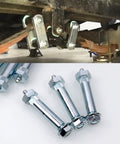 Heavy Duty 9/16 X 3 Inch Greaseable Trailer Axle Spring Bolts And Shackle Bolt Kit on trailer suspension with shiny metal bolts.