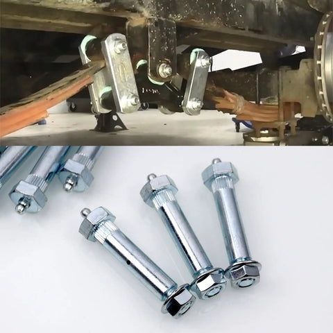 Heavy Duty 9/16 X 3 Inch Greaseable Trailer Axle Spring Bolts And Shackle Bolt Kit on trailer suspension with shiny metal bolts.