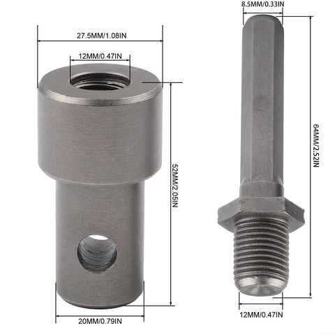 Dimensions of Auger Adapter Tool With Four Interface Types For Impact Wrenches, Hammer Drills, And Electric Wrenches, metal construction.
