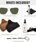 Square Shape Non-Polarized Sunglasses for Men and Women With G-15 Green Lens, cleaning kits, cases, and screwdriver keychain.