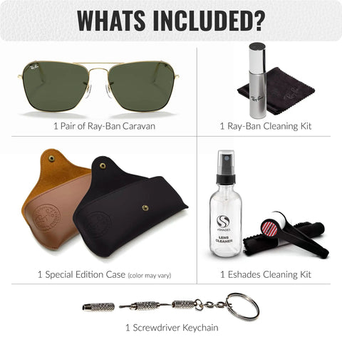 Square Shape Non-Polarized Sunglasses for Men and Women With G-15 Green Lens, cleaning kits, cases, and screwdriver keychain.