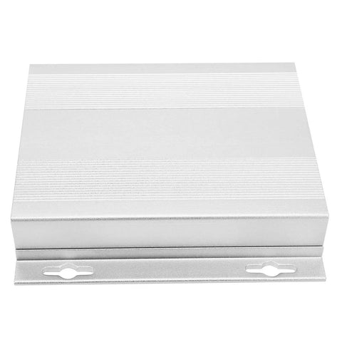 Rugged Aluminum Alloy Project Enclosure With Sandblasted Oxidized Shell For Electronic Power Boards, Decoders, GPS And Industrial Equipment - Lightweight, Strong Housing, Measures 27 X 131 X 130 Mm. front view, aluminum alloy enclosure with mounting slots