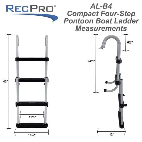 Pontoon Boat 4 Step Folding Boarding Ladder AL B4 Anodized Aluminum With Flush Mount Design For Quick Easy Safe Boarding And Slim Compact Storage For Easy Stowage On Deck Or In Dock, 43 inch tall