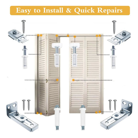 2-Pack Bifold Door Hardware Repair Kit for closet and pocket doors, showing installation with screws and brackets, fits 7/8 to 1 inch tracks.