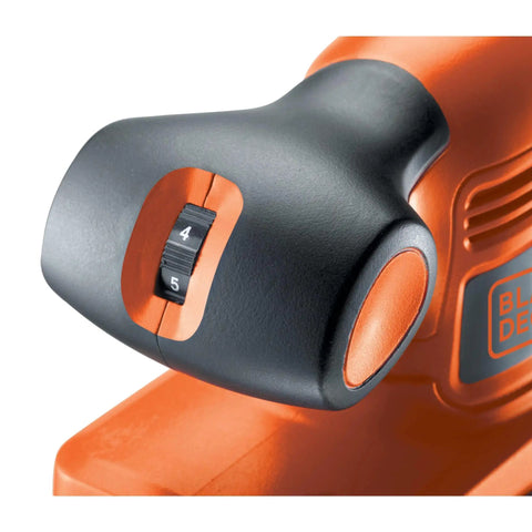 Badass Compact Electric Orbital Sander With Rugged Ergonomic Design And Turbo Spin Action showing adjustable speed dial close-up.
