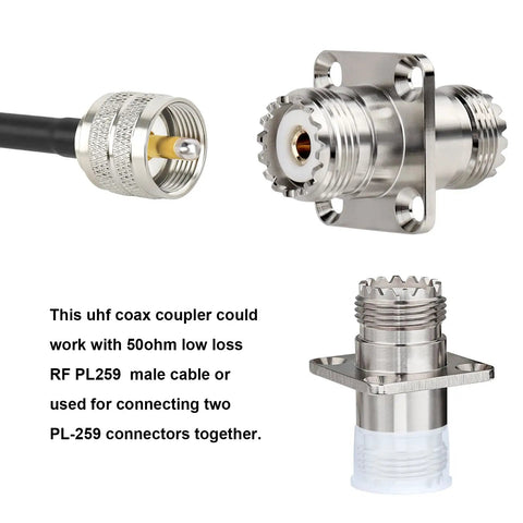 SO239 UHF Female To Female Chassis Mount Connector 4 Hole Flange Panel Adapter 2 Pack For PL259 Antenna CB Radio With Cable