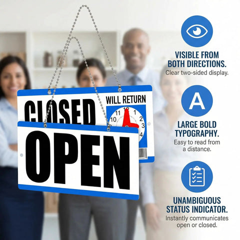 Double-Sided Closed Sign With Clock And Will Return Indicator, Adjustable Return Time, Built Tough Durable Hanging Door Sign for Shops