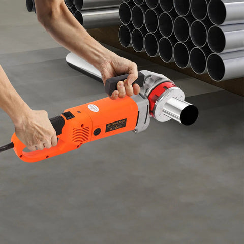 Portable 2300W Electric Pipe Threader With Copper Motor For Cutting And Threading Metal Plastic Pipes Includes Six Dies Ranging From One Half To Two Inches Plus Carrying Case Makes Job Super Easy Professional Grade Tool in use with hand gripping handle.