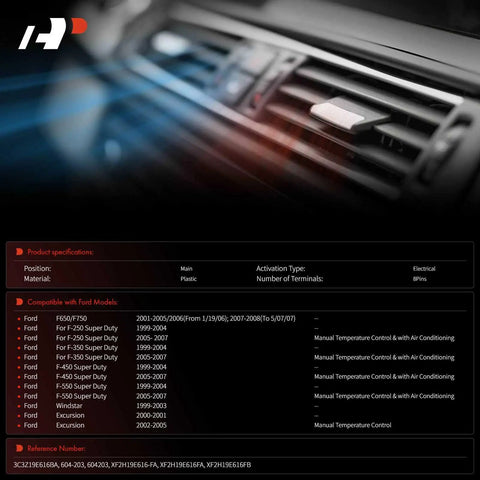 Ford HVAC Heater Blend Door Actuator compatibility and specifications chart for F-Series & Windstar 1999-2007 models.
