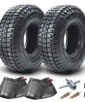 9x3.50-4 Tire With Inner Tube Replacement Pack For 49cc Stand Up Gas Scooters, Go Karts, Garden Mowers, Zero Turn Mowers, 2-Stroke Mini ATVs, Skateboards And Tractors, Heavy Duty All Terrain 2 Pack showing tires, tubes, and valve tool