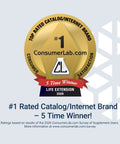 ConsumerLab #1 rated brand medal, Life Extension 2026 five-time winner, with survey note at bottom.