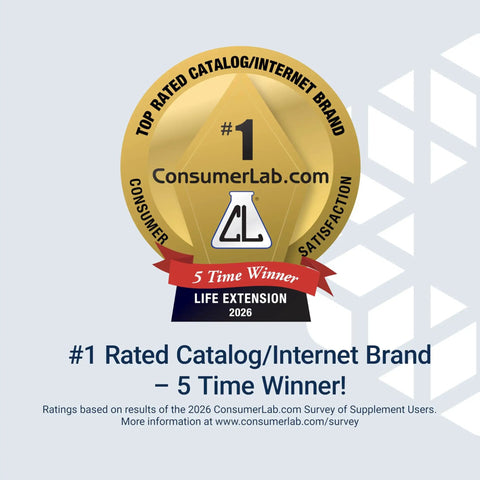 ConsumerLab #1 rated brand medal, Life Extension 2026 five-time winner, with survey note at bottom.