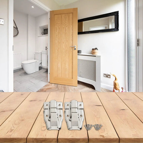 Beefy Iron Cabinet Catch And Latch Set For Suitcases Trunks And Toolboxes Twin Pack With Screws on wooden surface