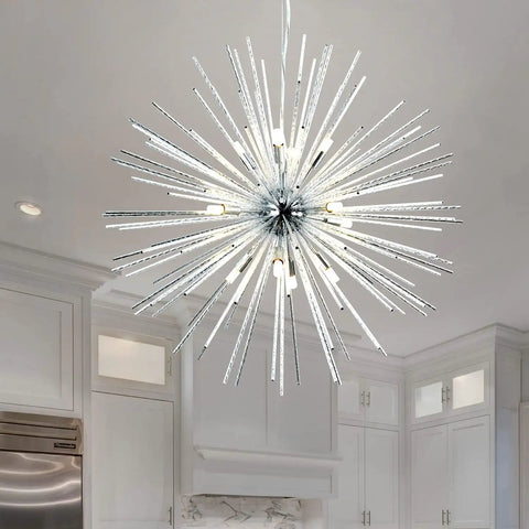Sputnik Style 12-Light Chandelier In Polished Chrome Firework Design Pendant Lighting For Living Room, Dining Room, Bedroom, And Kitchen, Modern Orbit Fixture With 29.5 Inch Diameter And G9 Base hanging in a modern kitchen.