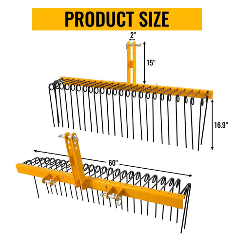Dimensions of 60 Inch Heavy Duty Powder Coated Steel Pine Straw Rake With 26 Spring Steel Tines, side and front view shown.