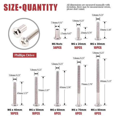 Phillips Countersunk M6 Screws Set 20, 30, 40, 50, 60, 70, 80mm Assorted Bolts Dowel Barrel Nuts Hardware Kit diagram