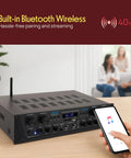 4 Channel Bluetooth Audio Amplifier For Home Stereo And Karaoke Use With 500W Peak Power Dual Mic Inputs With Echo And Talk Over Aux In Sub Out USB MP3 Player And AM FM Radio