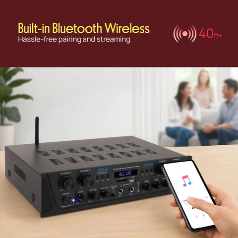 4 Channel Bluetooth Audio Amplifier For Home Stereo And Karaoke Use With 500W Peak Power Dual Mic Inputs With Echo And Talk Over Aux In Sub Out USB MP3 Player And AM FM Radio