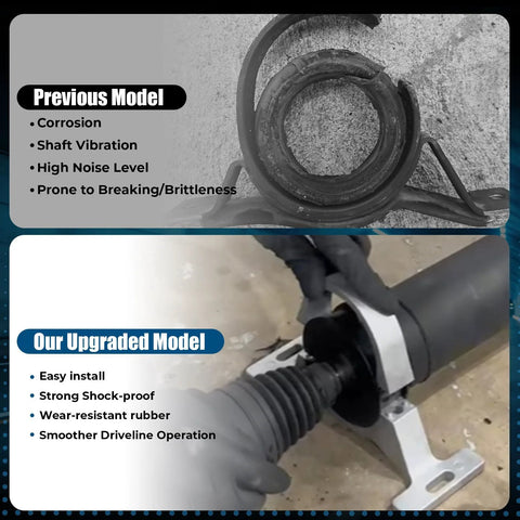 Comparison of previous vs upgraded center bearing support for 2015+ Dodge Charger Challenger Chrysler 300 RWD AWD drive shaft