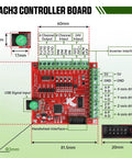 Mach3 USB Motion Control Card diagram with dimensions for CNC machines, part of the Plug And Play 3 Axis CNC Controller Kit. 