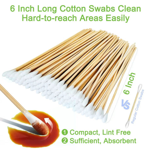 Long Wooden Cotton Swabs With Sturdy Wood Handles For Precise Cleaning And Makeup Application, 6-inch, showing cotton tips.