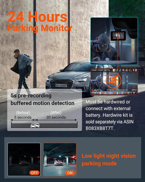 Dual Front And Rear Dash Cam With 2.7K Plus 2.7K Recording, STARVIS Sensors, 24H Parking Mode featured on vehicle dashboard