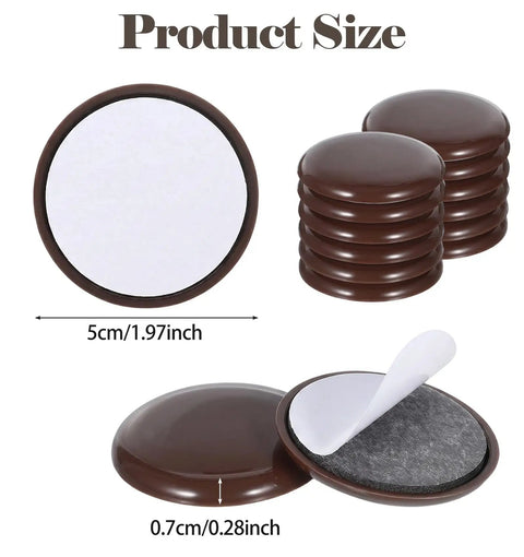 Twelve Pack Chair Sliders For Carpet And Hardwood Featuring Grip Tight Self Adhesive Backing To Glide Heavy Couches And Desks Across Tile Without A Hitch While Providing Top Shelf Floor Protection Pads, showing brown 5cm round slider pads.