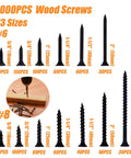 Chart of 1000 piece assortment with 13 sizes of black wood screws from two and three quarters inch to five eighths inch.