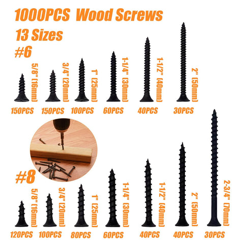 Chart of 1000 piece assortment with 13 sizes of black wood screws from two and three quarters inch to five eighths inch.