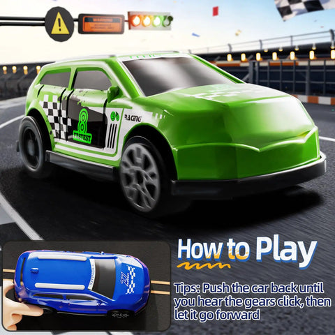 Cool Race Track Car Set For Kids 3 Plus With 5 Rotating Tracks And 2 Small Cars featuring green and blue toy cars on track