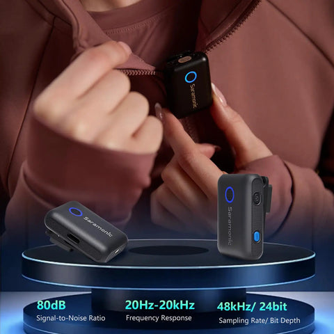 Close-up of clip-on 2-Person Wireless Lavalier Microphone System For iPhone, Cam, And Android with 40 hour battery life.