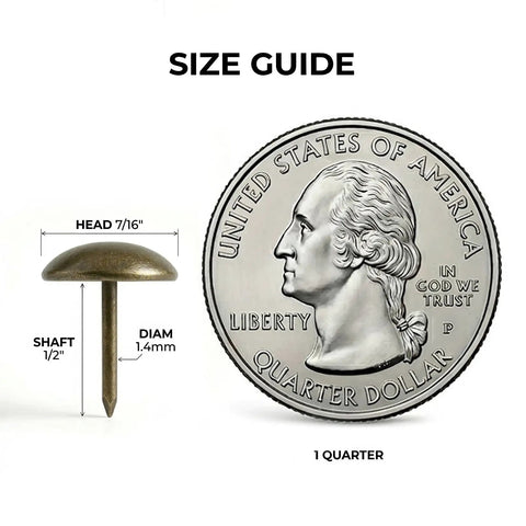 Legit Heavy Duty Antique Brass Upholstery Tacks 500 Piece Bulk Kit 7 16 Inch size guide with quarter for comparison.