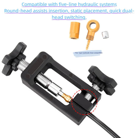 Close-up of 2 In 1 Bicycle Hydraulic Hose Cutter And Needle Driver Tool For MTB And Road Bikes, olive banjo fitting part