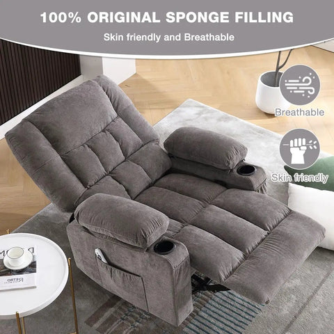 Oversized Recliner Chair For Adults With Vibration Massage And Lumbar Heating Swivel Rocker Recliner, gray fabric, cup holders
