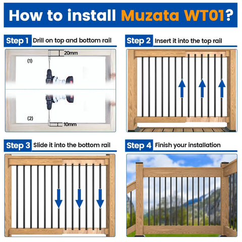 How to install 25 Pack 36 Inch Aluminum Balusters Round Black For Deck Railing Stairs Porch Spindles Three Quarter Inch Hollow Diameter DIY Friendly Ready To Cut Versatile Fit With Most Connectors showing installation steps.