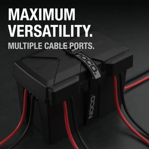 Snap Top Battery Containment Case For Group 27 12 Volt Cells with multiple cable ports for versatile connectivity.
