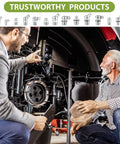 Two men discussing machinery maintenance with grease fittings assortment kit display above, showing various Zerk fittings angles and sizes.