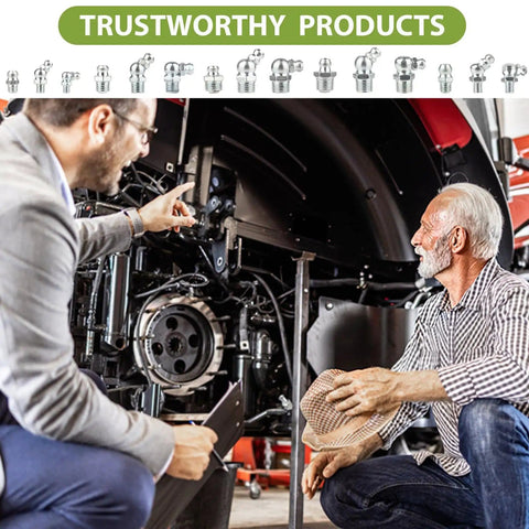 Two men discussing machinery maintenance with grease fittings assortment kit display above, showing various Zerk fittings angles and sizes.