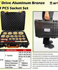 Heavy Duty Aluminum Bronze Non Sparking Socket Set Ratchet T Handle Flex Extensions Die Forged Rock Solid Tools Built Tough For Demanding Auto Mechanic Jobs On Site, 19 PCS set in a black case.