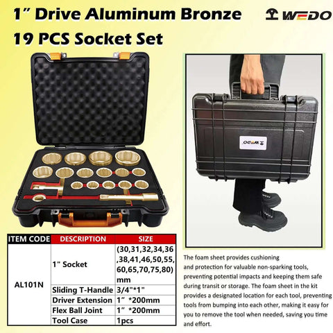 Heavy Duty Aluminum Bronze Non Sparking Socket Set Ratchet T Handle Flex Extensions Die Forged Rock Solid Tools Built Tough For Demanding Auto Mechanic Jobs On Site, 19 PCS set in a black case.