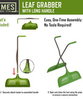 Leaf Grabber Rake With Long Handle And Cushioned Grip For Leaves Lawn Clippings Twigs And Yard Waste, Dual Wide Curved Poly Blades With Serrated Edges For Easy Grabbing Of Debris, Heavy Duty Steel Handle, Angled Comfort Grips, Easy Assembly showing assembly instructions