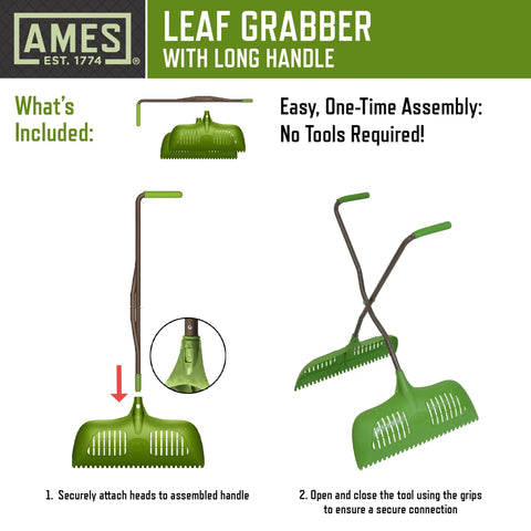 Leaf Grabber Rake With Long Handle And Cushioned Grip For Leaves Lawn Clippings Twigs And Yard Waste, Dual Wide Curved Poly Blades With Serrated Edges For Easy Grabbing Of Debris, Heavy Duty Steel Handle, Angled Comfort Grips, Easy Assembly showing assembly instructions