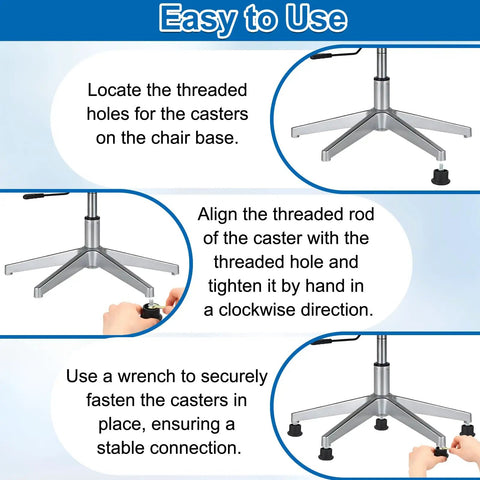 15 Pack Nylon Office Chair Glides Replacement Feet With 1.34 Inch Stem And 50mm Wheels Includes Wrench For Easy Install detailed installation steps.