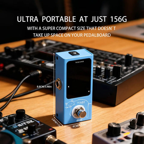 Ultra Compact Tuner Pedal With Pitch LED Indicator For Electric Guitar And Bass, True Bypass, Blue Finish, on a desk setup