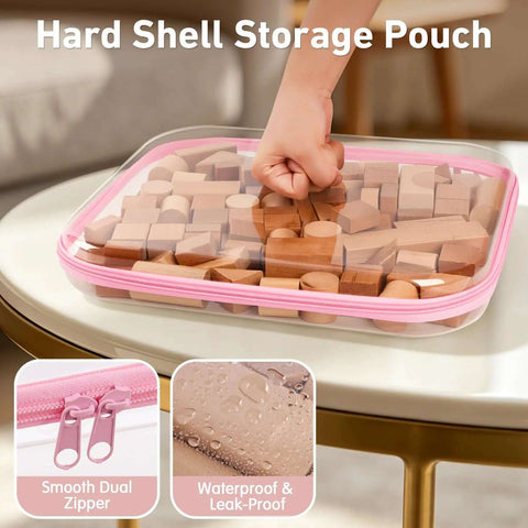 Rock Solid Clear Hard Shell Zippered Storage Cases With Name Tags 3 Pack Top Tier Durable Plastic Tote for toys, 13.8x11.8x1.9 inches.